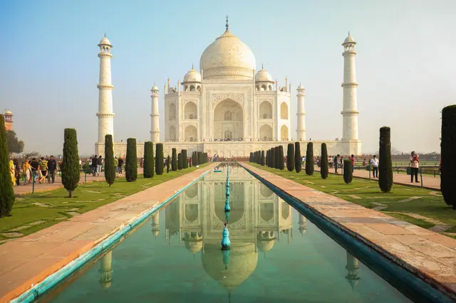 The Taj Mahal reflected in its garden pool, Agra
