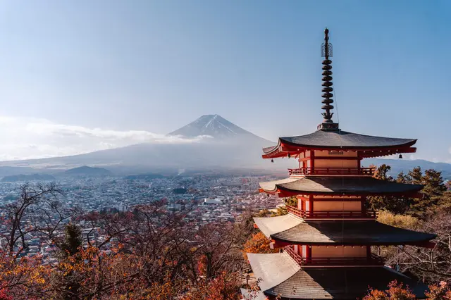 Mount Fuji behind the Chureito Pagoda in autumn, Japan