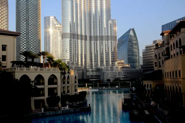 Burj Khalifa rising above the arches of Souk Al Bahar, Downtown Dubai